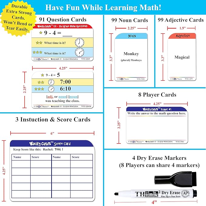 Think2Master Wacky Cards 1st - 3rd Grade. Math Card Game for Families & Classroom. Make Hilarious Sentences While Practicing Math Including Addition, Subtraction & Multiplication. +4 Dry Erase Markers