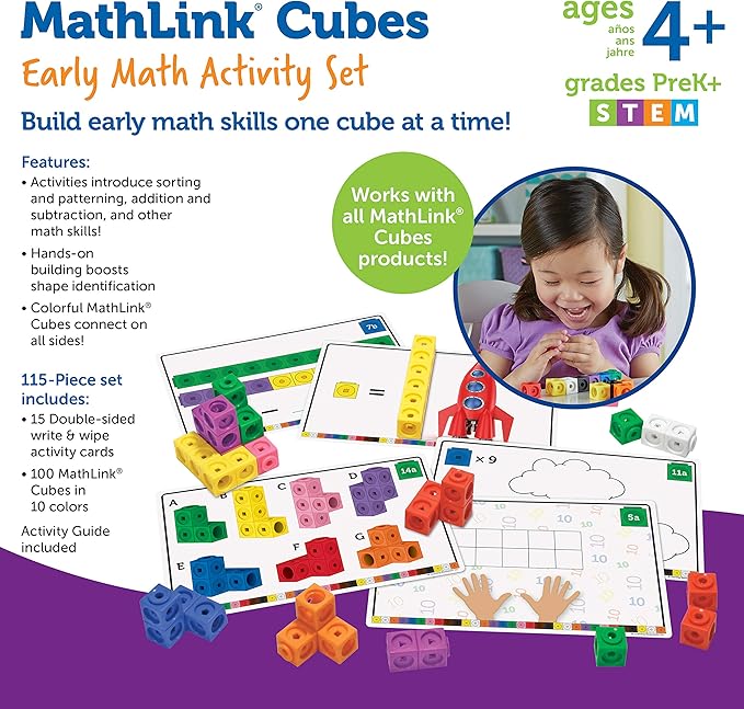 Learning Resources MathLink Cubes Early Math Activity Set - 115 Pieces, Ages 4+, Classroom Must Haves, Preschool Activities, Teacher School Supplies, Toddler Montessori Toys, Math Manipulatives
