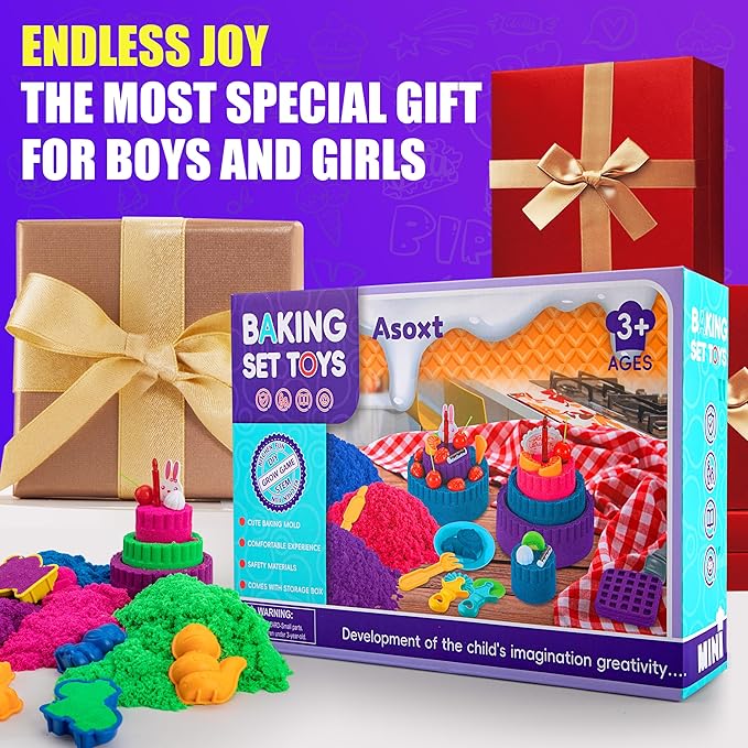 Asoxt Sensory Bin for Boy Girl Kid Toy - 43pcs Play Sand Art Kit with Sandbox, 4lb Color Sand, 17 Molds, Sensory Toy Birthday Gift for Girl Toddler Ages 3-8