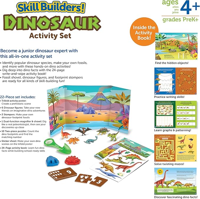 Learning Resources Skill Builders! Dinosaur Activity Set - 22 Pieces, Ages 4+, Critical Thinking, Math Manipulatives, Board Games, Preschool Activity Book, Jurassic toys
