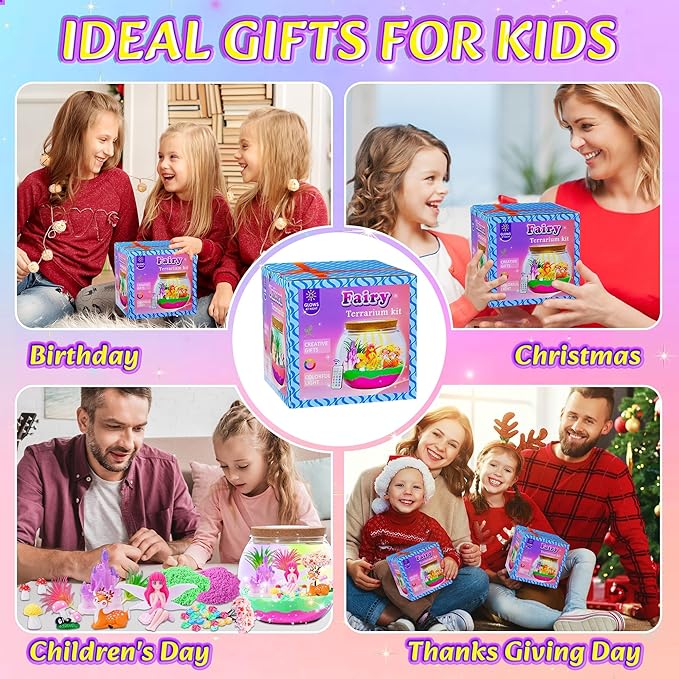 Fairy Garden Light Up Terrarium Kits for Kids – DIY Craft Kit with LED for Girls Ages 4-8 | Stem & Art Gift for Kids, Ideal for Birthday or Holiday