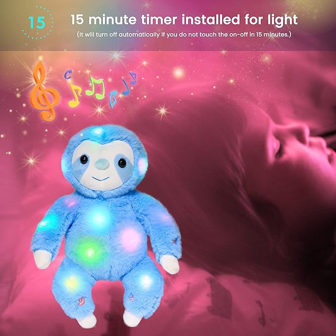 Hopearl LED Musical Plush Sloth Light up Stuffed Animal Three Toed Sloth Floppy Night Lights Glow in The Dark Birthday Festival for Kids Toddlers, Blue, 12.5''