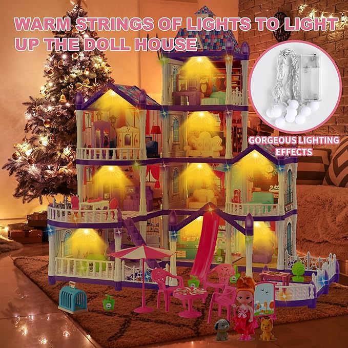 Doll House for Girls,10 Rooms Purple House Toy with Doll Figures, Puppies,Lights, Furnitures, Accessories, Kids Playhouse Gift for for 3 4 5 6 7 8 9 10 Year Old