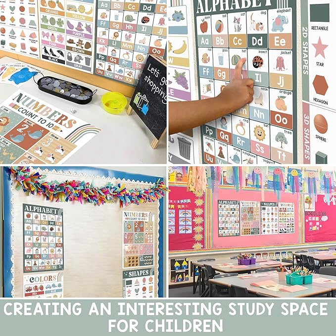 BEAWART ABC Alphabet Posters (Pack 4 - 16'x24'), Color Shape Number Chart for Classroom Decor, Educational Posters for Toddlers 1-3, Learning Chart for Preschoolers, Homeschool Supplies, Double Laminated (Retro Boho)