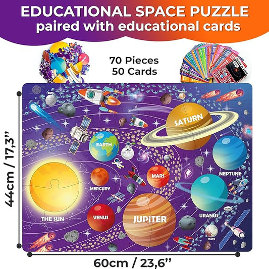 QUOKKA Solar System Puzzles for Kids Ages 4-6 - 70 Pcs Fun Kids Puzzles Ages 5-8 Preschool Floor Activities - Includes 50 Cards with 400+ Space Facts- Planet-Shaped Jigsaw Puzzle Gift for Girls Boys