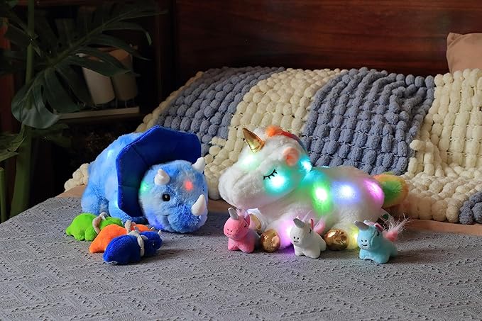 Hopearl LED Musical Stuffed Unicorn Playset Lighting Up Singing Plush Toy Mommy Unicorn with 3 Baby Unicorns in her Tummy Adjustable Volume Lullaby Animated Soothe Gifts for Kids Girls, White, 19''