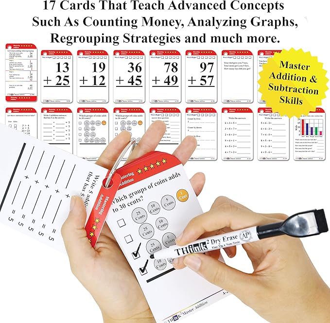 Think2Master Addition Flash Cards. Learn to Add & Subtract by Counting, Writing, Understanding & Memorizing. 260 Laminated Cards, 39 Triangle Cards, 2 Dry Erase Markers, 5 Rings & 30 Counters