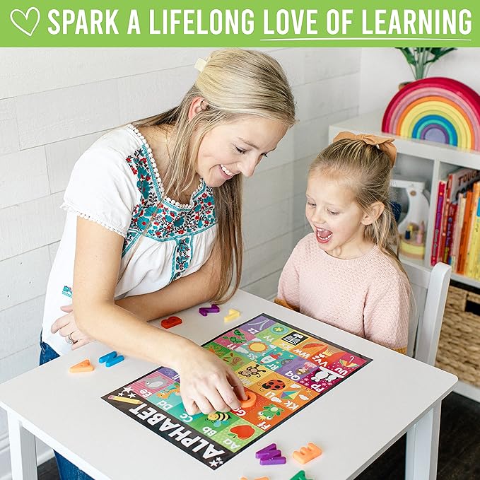 Hadley Designs 4 Alphabet, Map of United States, World Map, & Solar System Posters - Laminated ABC Charts for Toddlers Wall Decor, Chalk Posters for Kindergarten, Prek Classroom or Homeschool 11x17