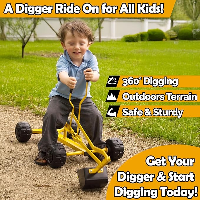 WonkaWoo Sand Digger Ride On Excavator Toy for Kids, 360 Degree Real Scoop Action with 4 Wheels, Giant Construction Digging Toy for Beach, Sandbox and Outdoor Playground