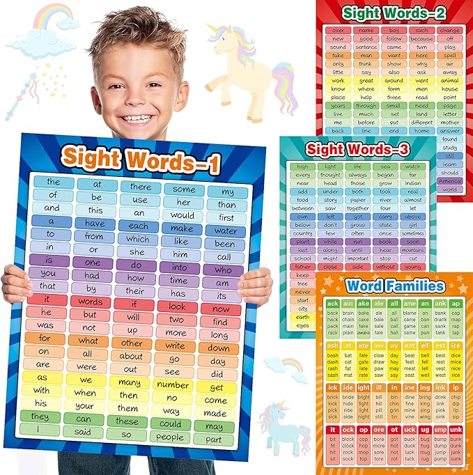Yisong 4 Sheets Sight Words Poster Extra Large Educational Word Families Chart Posters Classroom Learning Decoration for Preschool, Classroom, Homeschool, Playroom