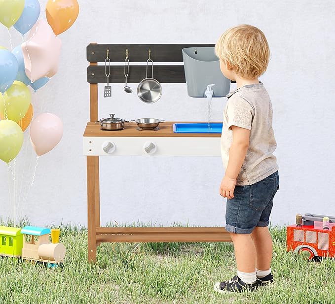 Kid's Wooden Play Kitchen, Outdoor Mud Kitchen with Water Play Set and Cooking Toys, Backyard Play for 3+ Years Kid