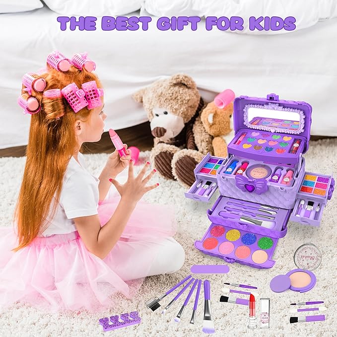 54 Pcs Kids Makeup Kit for Girls, Princess Real Washable Pretend Play Cosmetic Set Toys with Mirror, Birthday Gifts for 3 4 5 6 7 8 9 10 Years Old Girls Kids (Purple)