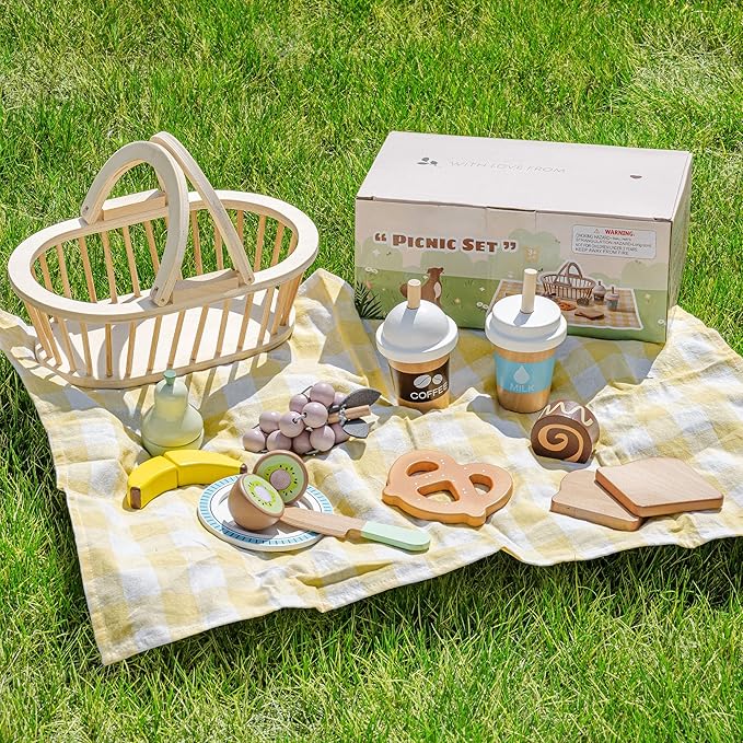 ROBUD Wooden Play Food for Kids, Picnic Cutting Fruit for Toy Kitchen Accessories, Picnic Basket Toy Set with Realistic Play Food, Develop STEM & Make, Montessori Toys for Toddler, WG422
