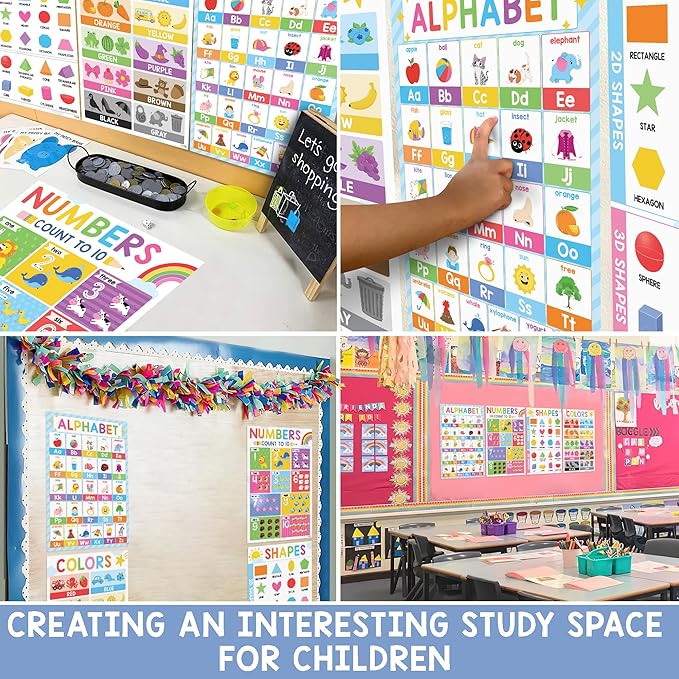 BEAWART ABC Alphabet Posters (Pack 4 - 16'x24'), Color Shape Number Chart for Classroom Decor, Educational Posters for Toddlers 1-3, Learning Chart for Preschoolers, Homeschool Supplies, Double Laminated