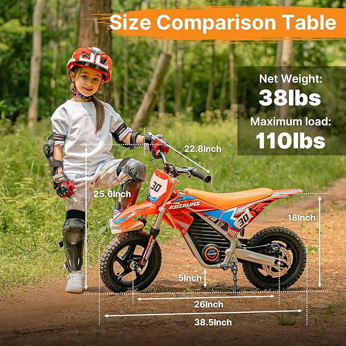 Electric Dirt Bike for Boys Girls Ages 3-8, 250W High Racing Competition Grade Motorcycle, Up to 15MPH 3 Speed Settings Balance Bike, 12IN Off-Road Tires & Advanced Shock Absorption, Orange