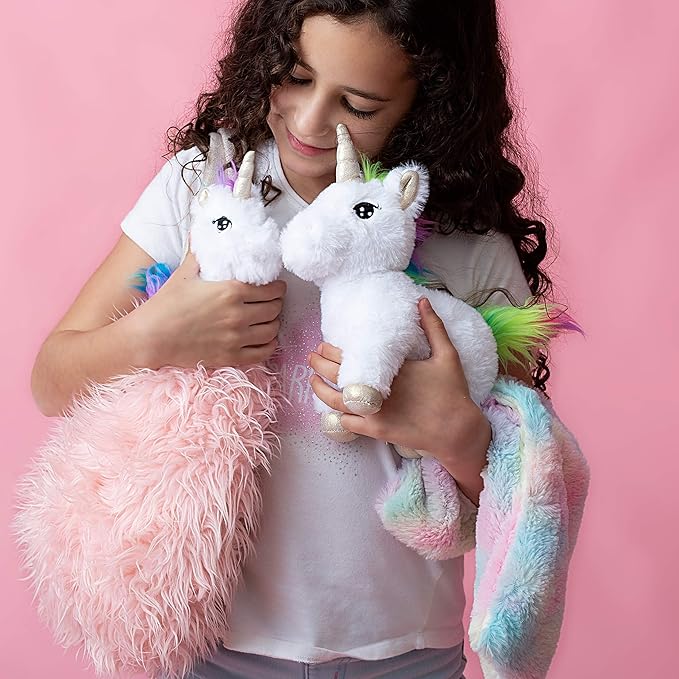 Perfectto Design Unicorn Toy for Girls Age 3, 4, 5. 4 PCS Set - Mommy Baby Stuffed Animal, Bag and a Doll Blanket. Unicorn Gift for 3-6 Year Old Girl Birthday or Christmas. (White Rainbow)