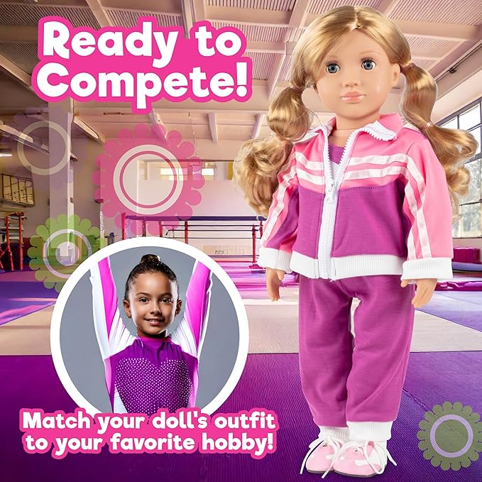 Gymnastics Doll Outfit for 18" Dolls (4 Piece Set) -Sports Premium Costume Handmade Clothes and Accessories Include Leotard, Warm-Up Pants & Jacket, Sneakers-Sports Apparel for Doll, Gift for Girls