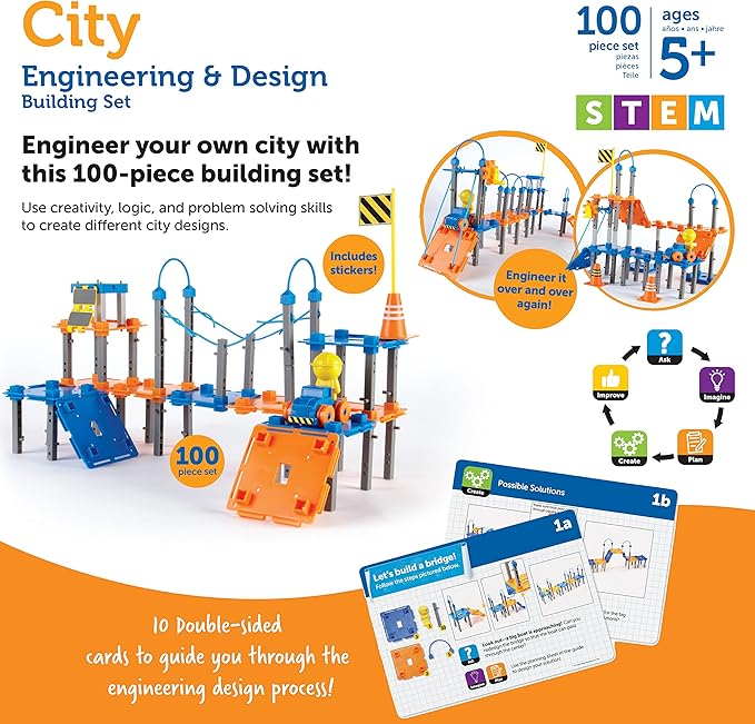 Learning Resources City Engineering and Design Building Set, Engineer STEM Toy, Construction Toys, 100 Pieces, Simple Machines Kids, Ages 5+