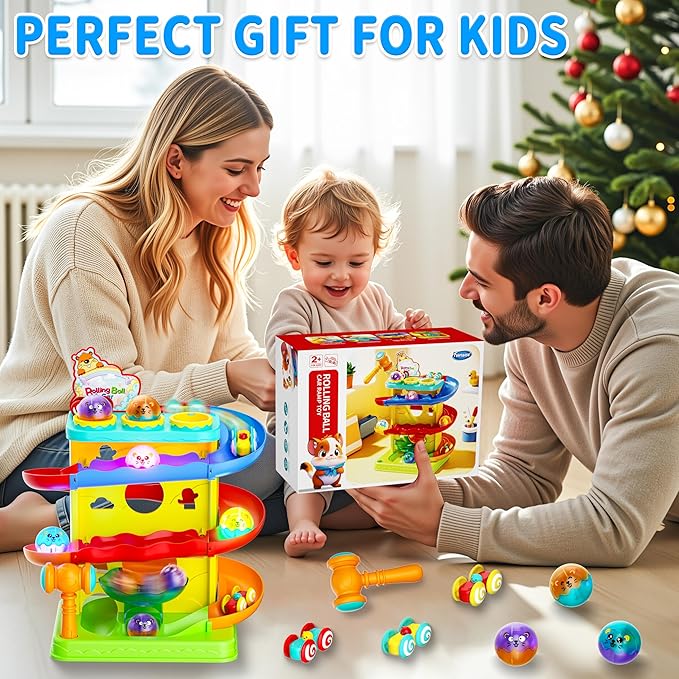 Funwee 2-in-1 Ball & Racing Car Ramp Toy for Toddlers, Race Track Hammer Rolling Lights Ball Drop, Interactive Montessori Learning Game Birthday Gift Idea for Kids 2 3 4 5+Year Old Girl Boy(Yellow)