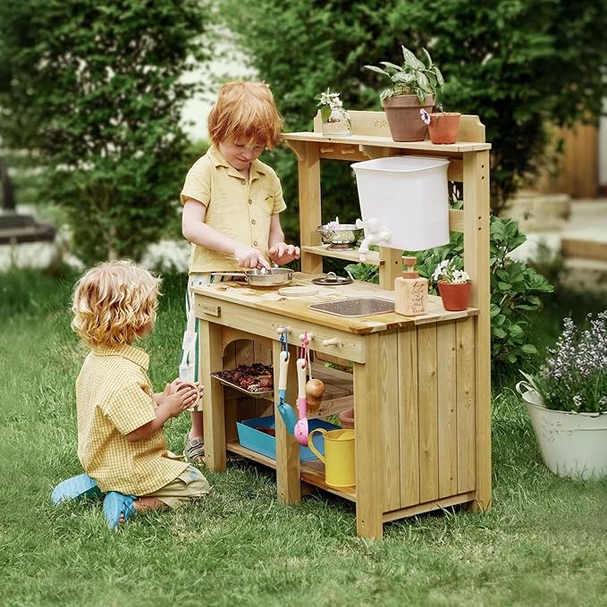 Tiny Land Outdoor Mud Kitchen for Kids, Wooden Play Kitchen with Water Tank, Water & Cooking Play, Sensory Fun, Weather-Resistant with Storage, Ideal for Toddlers Ages 3+