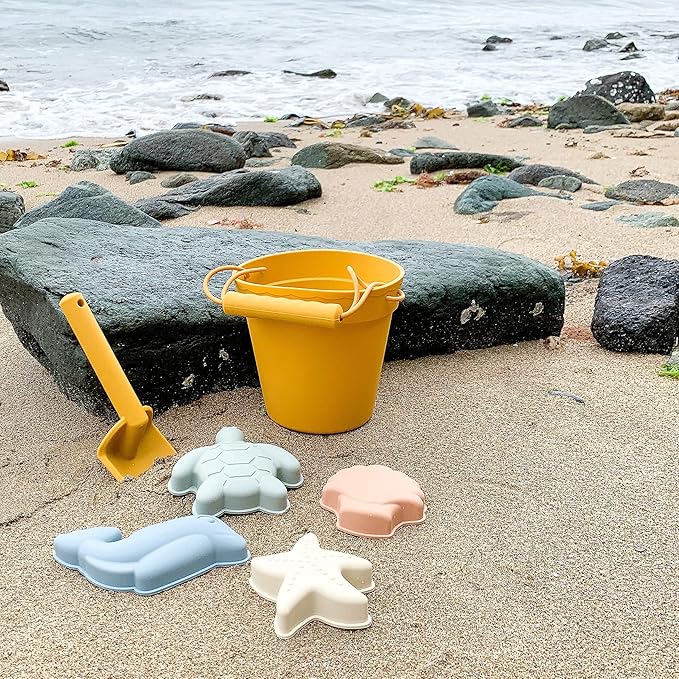 BLUE GINKGO Silicone Beach Toys - Modern Baby | Travel Friendly Toys Set | Silicone Bucket, Shovel, 4 Sand Molds, Beach Bag | Sand Toys for Toddlers, Kids - Yellow