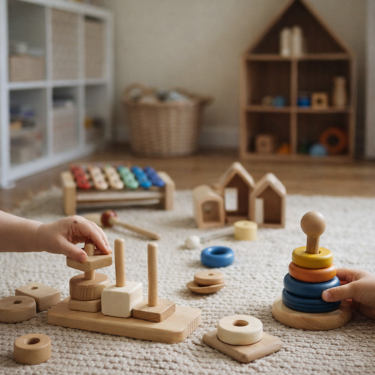 Montessori wooden toys for toddlers, hands-on learning through play in a calm minimalist playroom