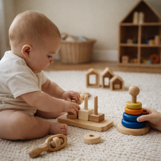 Baby playing with wooden developmental toys, supporting sensory and motor development in the first year