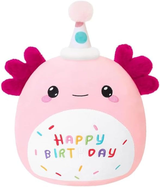 SQEQE Happy Birthday Axolotl Plush Axolotl Stuffed Animal Toy Pink Birthday Plushies Home Decor for Girls Boys Kids(14 Inch)