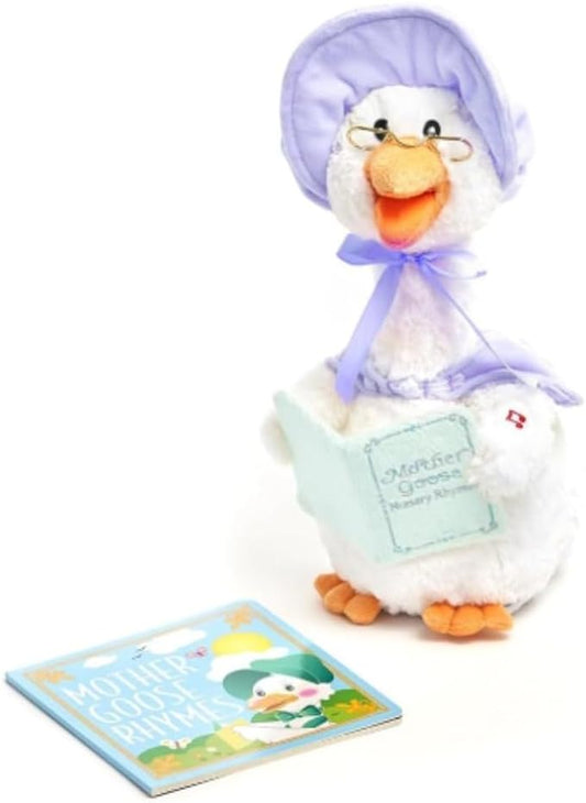 Cuddle Barn - Mother Goose Read-Along (Periwinkle) | Animated Bird Plush with Mouth Movement Recites 7 Nursery Rhymes, Comes with Board Book, 14 inches