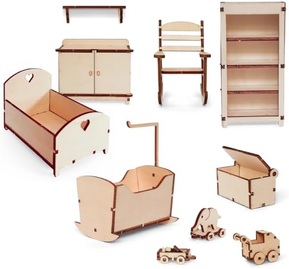 Nursery Dollhouse Craft Kit – Easy to Build & Paint Baby Room | Cardboard Room + 8 Wooden Pieces with Cradle + Decoration Sheets | 1:12 Scale | Sam & Julia's Mouse Mansion
