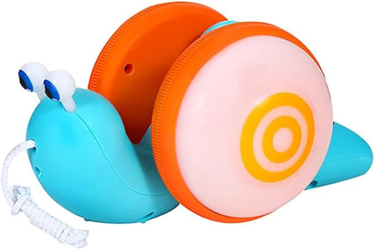 Pull String Crawling Snail, Funny Wriggly Snail Toddlers Walking-Learning Toy Pull and Push Baby Toy with Music and Lights Effect (Blue-Orange)