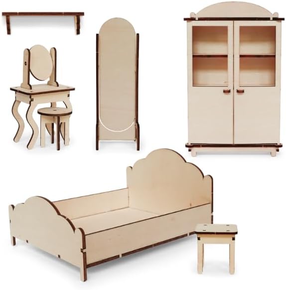 Bedroom Dollhouse Craft Kit – Easy to Build & Paint Miniature Bedroom | Cardboard Room + 6 Wooden Pieces + Decoration Sheets | 1:12 Scale | Sam & Julia's Mouse Mansion