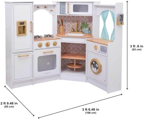KidKraft Ultimate Corner Wooden Play Kitchen with Lights & Sounds, Play Phone and Curtains, White