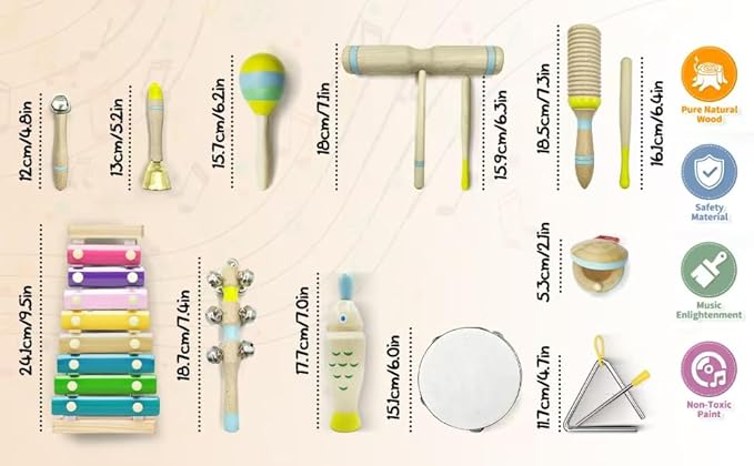 15Pcs Musical Toys for Toddlers 1-3, Baby Musical Instruments Set, Wooden Montessori Toys Percussion, Birthday Gifts for 1 2 3 Year Old Kids Boy Girls