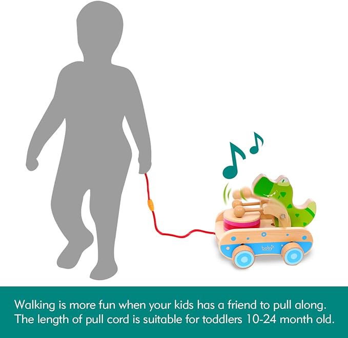 Baby Gift Wooden Toddler Pull Toy, Crocodile Drum Tapping Children's Toy, Baby dragging and Learning to Walk, Rope Traction Rope Crawling for Toddlers Ages 1+