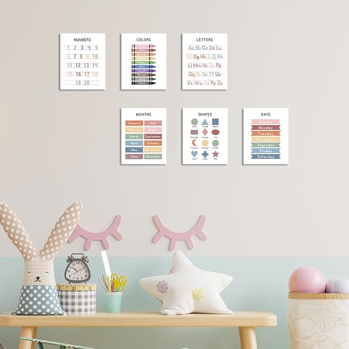 Framed Set of 6 Alphabet Poster, Abc Chart, Number Chart Educational Posters For Classroom Homeschool Preschool Supplies, for Kids Ages 3-5 Baby Girl Nursery Wall Decor (8 x10 inch Framed)