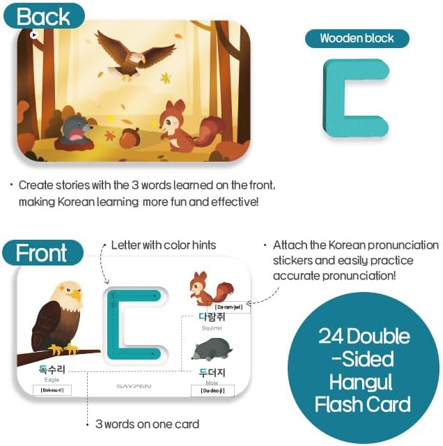 SSol & Sam Korean Alphabet Learning Toys – Hangul – Learn Korean for Kids, Animal Pattern, Matching Puzzle with Wooden Letters in Pastel Colors and Flash Cards (Hangul)