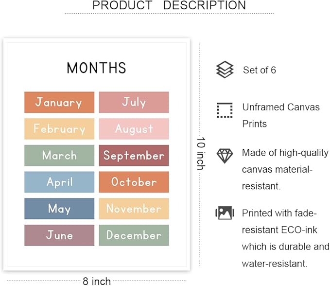 UNXIS Set of 6 Alphabet Poster, Abc Chart, Number Chart Educational Posters For Classroom Homeschool Preschool Supplies, for Kids Ages 3-5 Baby Girl Nursery Wall Decor.