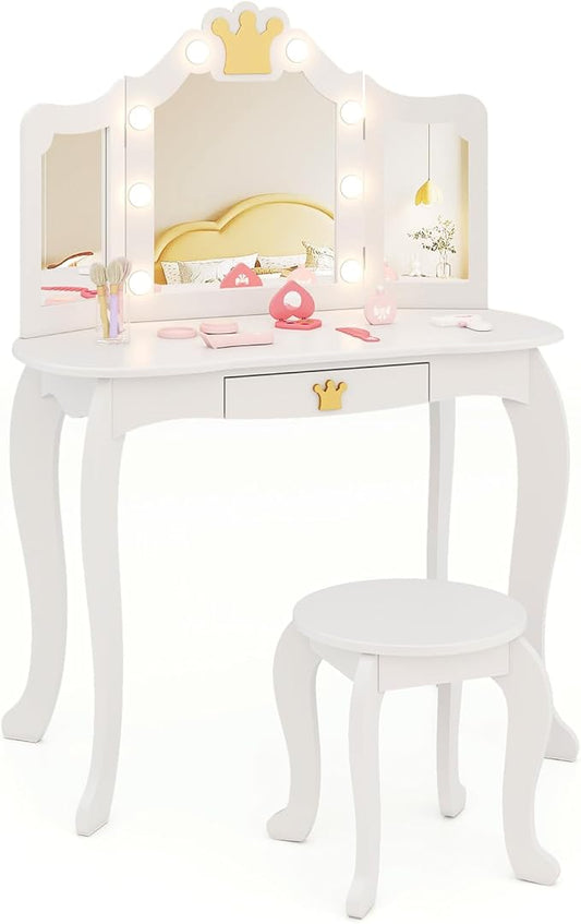 HONEY JOY Kids Vanity with Lights, Crown Girls Vanity Set with Mirror and Stool and Lights, Toddler Vanity, Wooden Makeup Table for Little Girls, Pretend Play Kids Vanity Table and Chair Set(White)