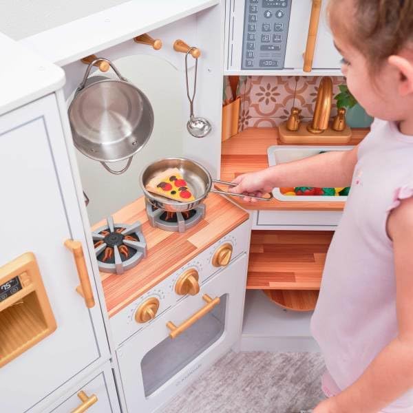 KidKraft Ultimate Corner Wooden Play Kitchen with Lights & Sounds, Play Phone and Curtains, White