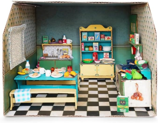 Kitchen Dollhouse Craft Kit – Easy to Build & Paint Miniature Kitchen | Cardboard Room + 6 Wooden Pieces + Decoration Sheets | 1:12 Scale | Sam & Julia's Mouse Mansion