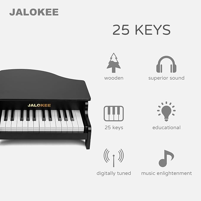 Kids Piano Keyboard, 25 Keys Grand Piano for Kids, Mini Music Educational Instrument Toy, Volume Adjustable, Wood Toy for Toddlers Girls Boys (Black)