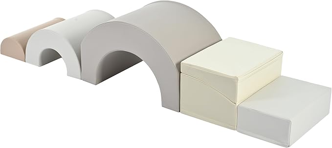 Merax Rainbow Soft Play Set, Soft Climbing Toys for Toddlers with Foldable Slide, Indoor Baby Soft Foam Blocks for Climbing and Crawling, 5-Piece, Cappuccino