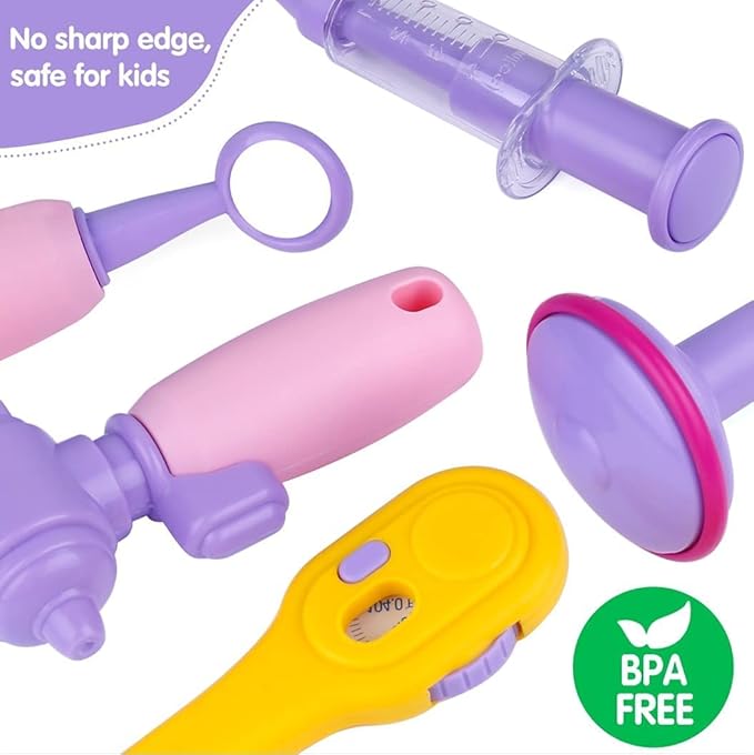 GIFTINBOX Kids Doctor Kit for Girls and Boys , Purple Doctors kit for Kids 22 Pieces Pretend Play Medical Toys Set with Roleplay Doctor Costume and Carry Bag for Little Girls-B