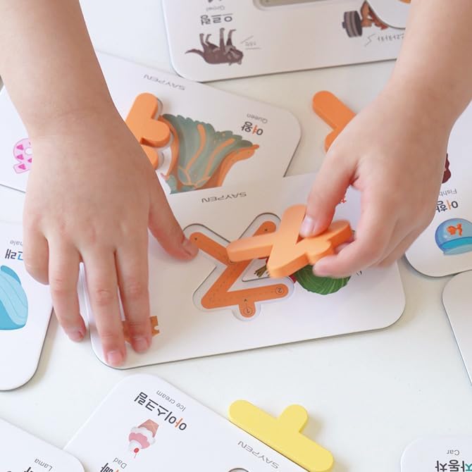 SSol & Sam Korean Alphabet Learning Toys – Hangul – Learn Korean for Kids, Animal Pattern, Matching Puzzle with Wooden Letters in Pastel Colors and Flash Cards (Hangul)