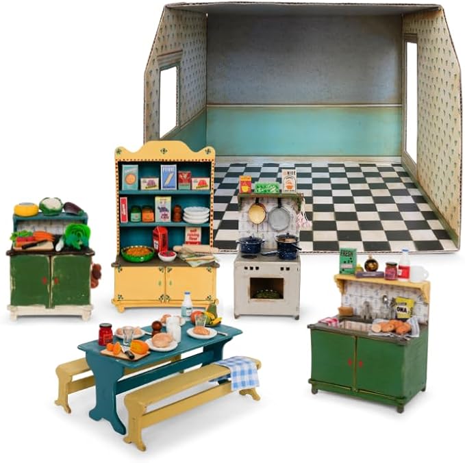 Kitchen Dollhouse Craft Kit – Easy to Build & Paint Miniature Kitchen | Cardboard Room + 6 Wooden Pieces + Decoration Sheets | 1:12 Scale | Sam & Julia's Mouse Mansion