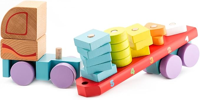 CUBIKA Wooden Geometric Shapes Truck– Montessori Toy for Toddlers Ages 3+– Shape Sorter and Stacking Truck Building Toy– FSC-Certified Wood, German Water-Based Paints, Travel-Friendly
