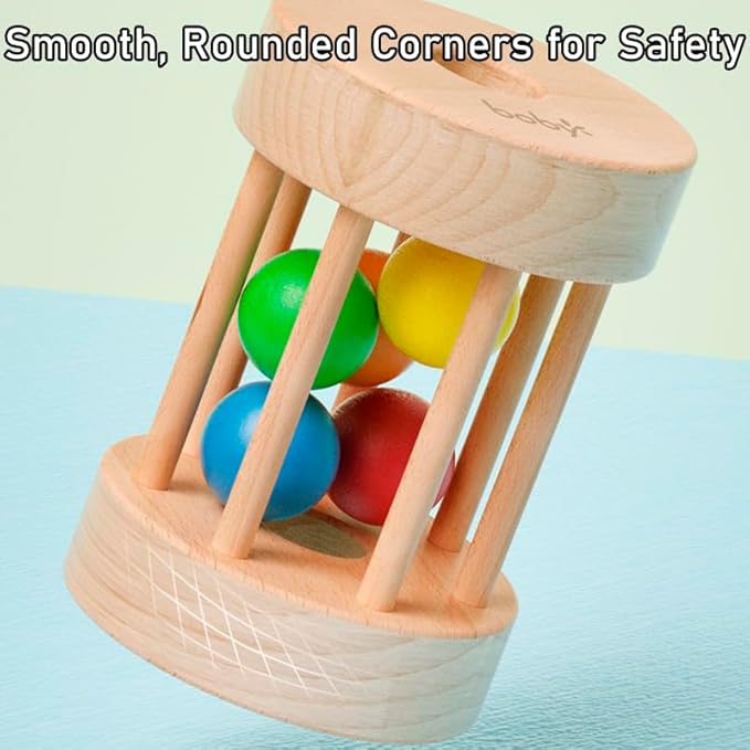 Dailyfunn Montessori Toys Wooden Infant Baby Rolling Rattle Toy for Babies 6-12-18-24 Months Newborn Shower Birthday Gift