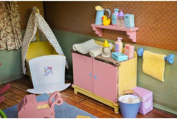 Nursery Dollhouse Craft Kit – Easy to Build & Paint Baby Room | Cardboard Room + 8 Wooden Pieces with Cradle + Decoration Sheets | 1:12 Scale | Sam & Julia's Mouse Mansion