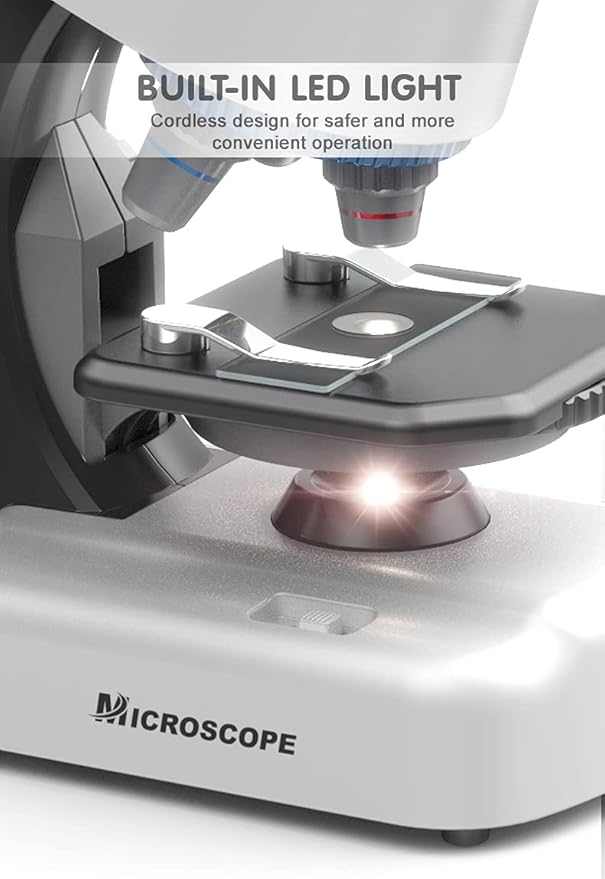 Kids Educational Microscope - Up to 40-1200x Zoom, LED Light, Glass Material, White Color, Perfect for STEM Learning & DIY Experiments